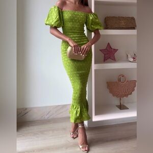 Never Fully Dressed Olive Jojo Off-Shoulder Midi Dress